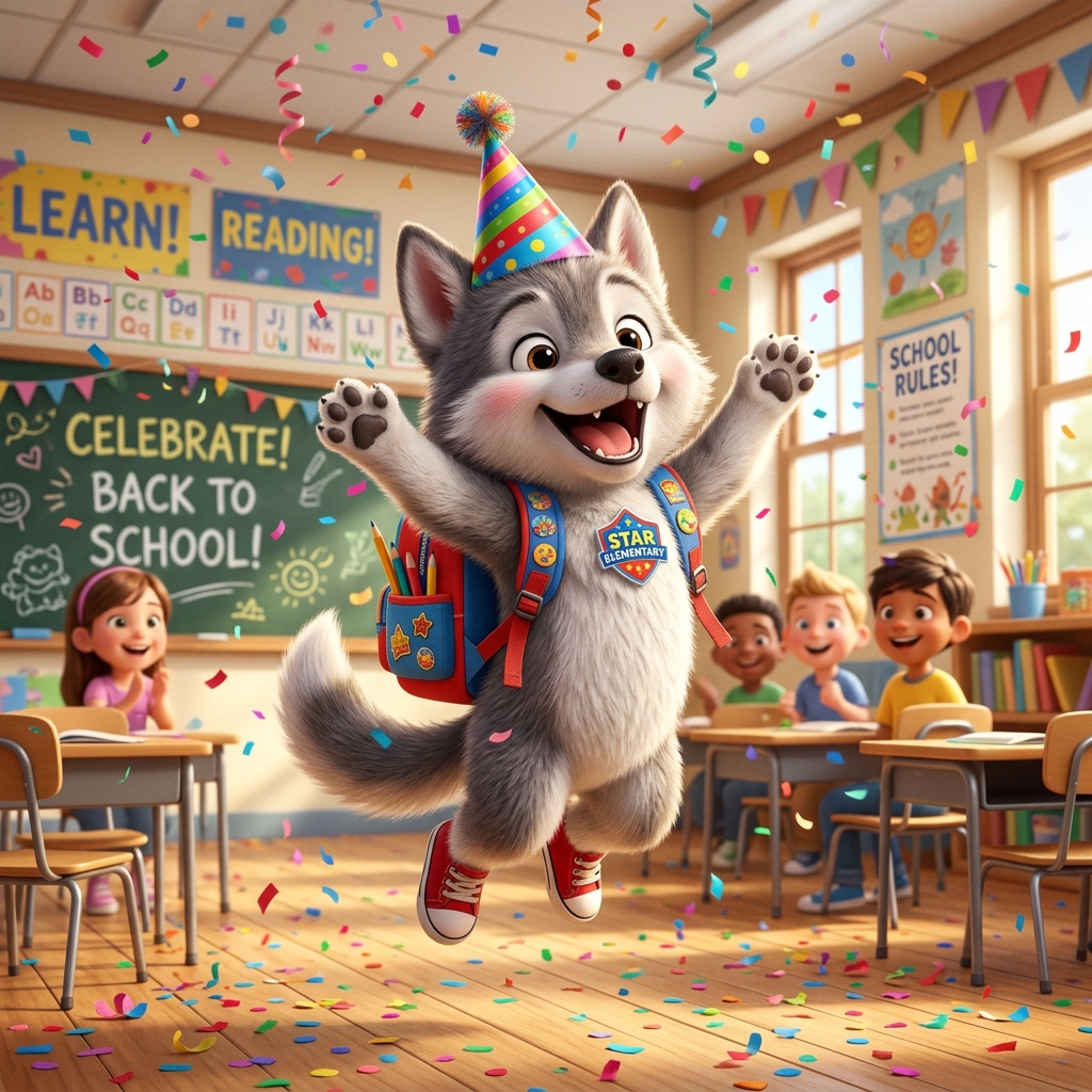 Wolf cub celebrating in a classroom with confetti
